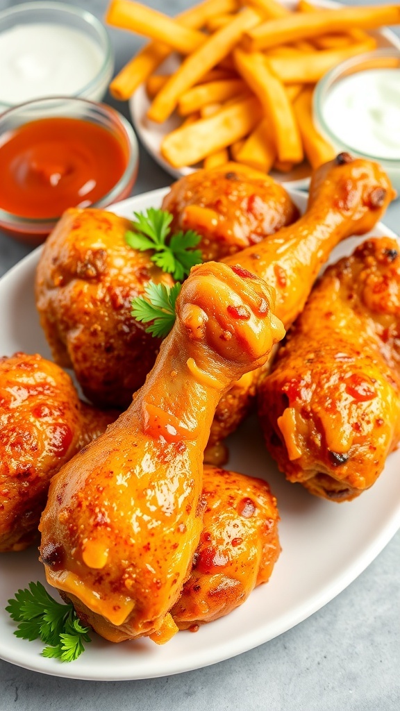 Crispy Baked Chicken Drumsticks Recipe Crispy baked chicken drumsticks on a plate with dipping sauces and fries.